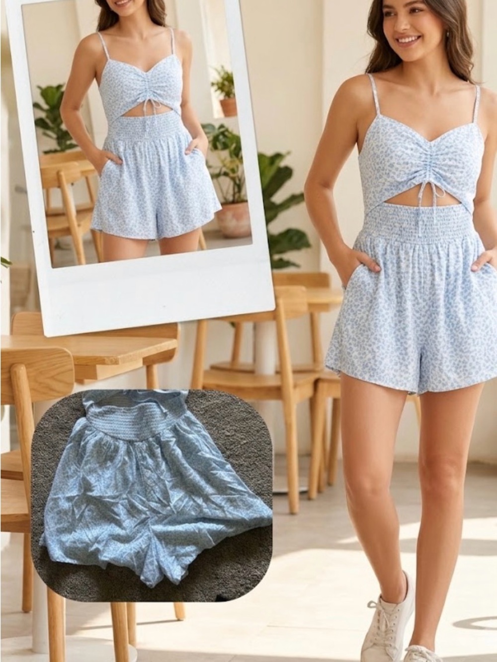 Hollister Sky Blue Floral Tie-Front Smocked Romper